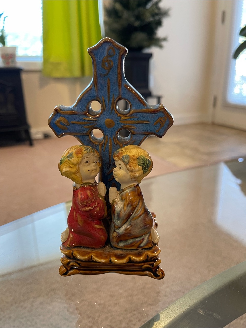 Vintage Art Pottery Hand Painted Glazed Children Praying Cross